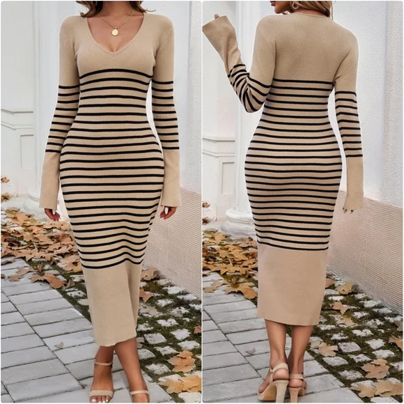 Striped Navy V-Neck Sweater Dress - Picture 11 of 11